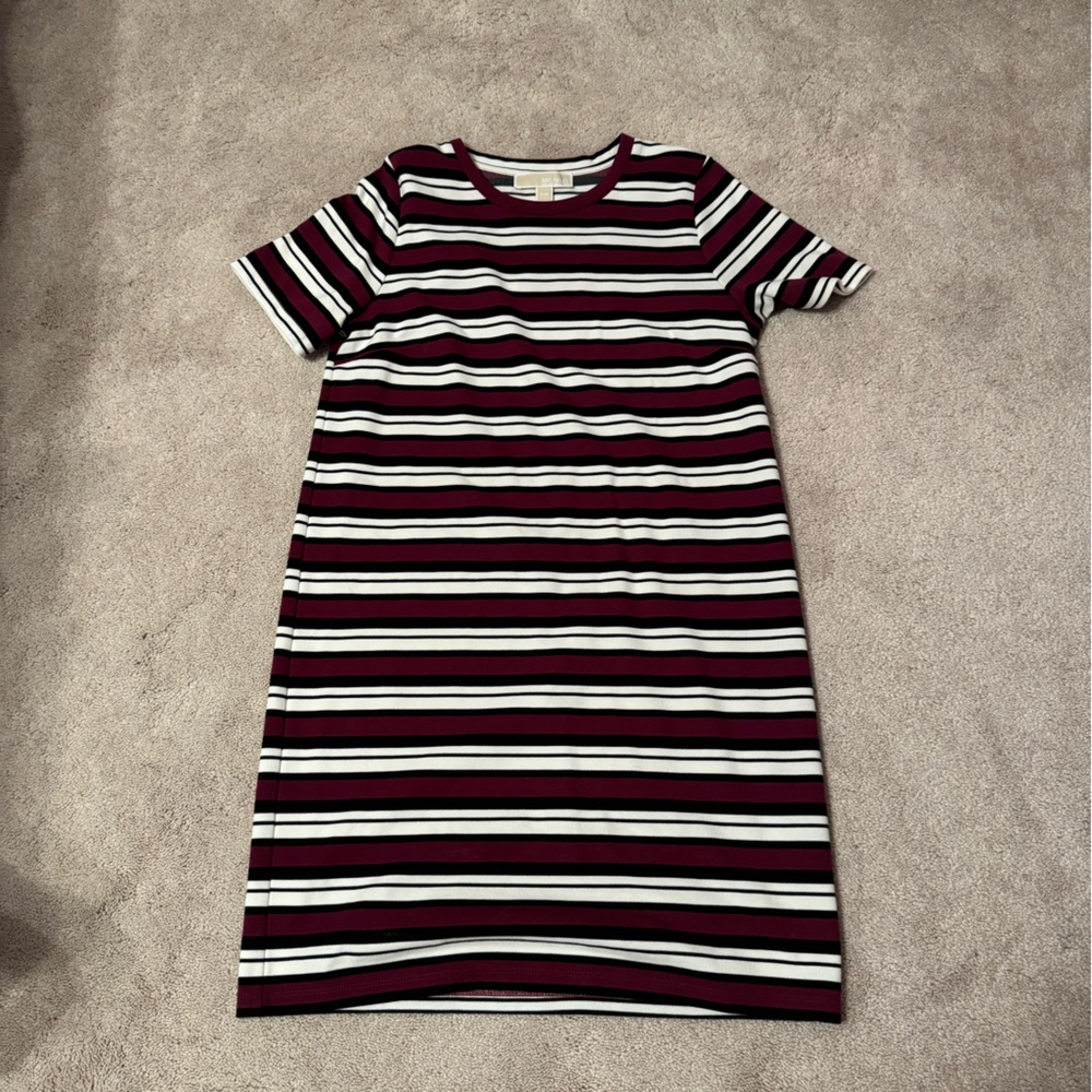 Michael Kors Red and White Striped Midi Dress Petite